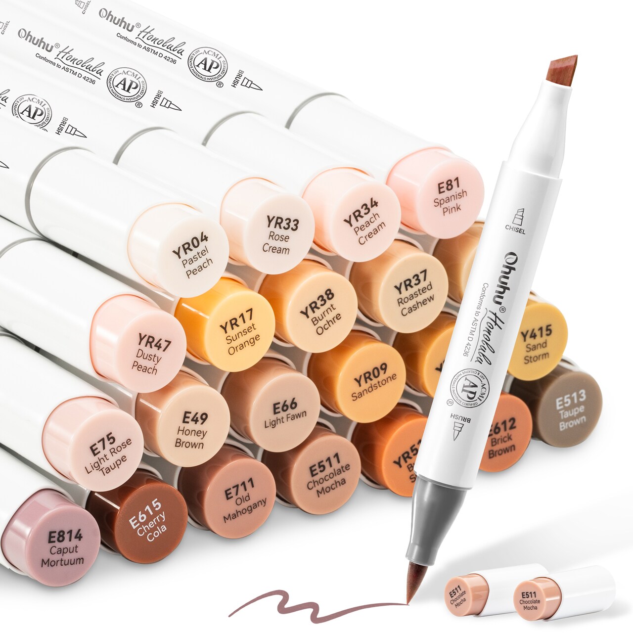 Ohuhu Skin Tone Alcohol Markers Brush Tip - 24 Portrait Color Markers for Artist Adults Coloring Illustration - Brush & Chisel/ Brush & Fine - Honolulu/ Honolulu B - Refillable